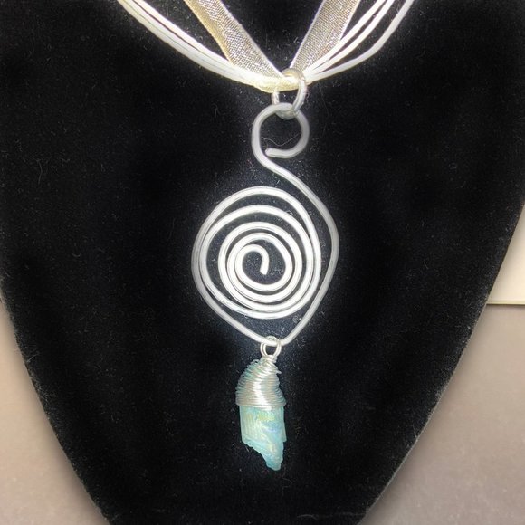 Hammered Stainless Steel Wire Pendant w/ Wrapped Blue Dyed Quartz Stone - Picture 3 of 12